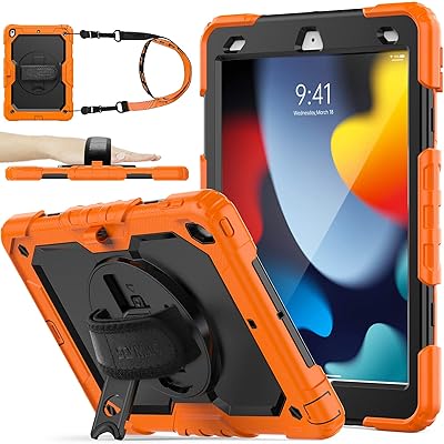SEYMAC stock iPad 10.2インチ 第9世代/第8世代/第7世代 ケース 耐衝撃 保護フィルム付き ペン収納 360°回転スタンド ハンドストラップ ショルダーストラップ 全面保護カバー (オレンジ+ブラック)