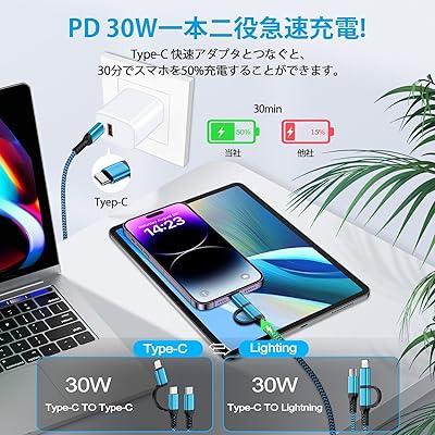 2in1 充電ケーブル USB C to Lightning/タイプC 充電ケーブル 30W PD対応 急速充電 &高速データ転送type-c&lightning 2in1 iPhone用+Android用 一本二役 GAEF 多機能充電 1.8M