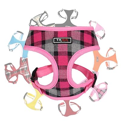 THAIN 犬 ハーネス 小型犬 中型犬 犬用ハーネス ベストハーネス 犬 抜けない 胴輪 ハーネス チェック フォーシーズンズ ペット用品 ハーネス 小型犬 安全 通気 ドッグハーネス 人気 胴輪 格子縞(M, ピンク)