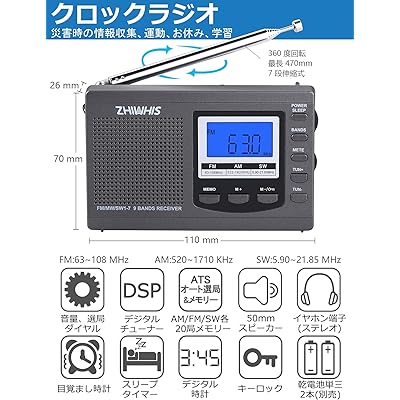 ZHIWHIS ラジオ 小型ポータブル FM/AM/SW ワイドfm対応 高感度クロック防災ラジオ 電池式 タイマー/目覚まし時計/デジタル時計/キーロック/プリセット機能付き 横置き型 携帯 学習 災害用 日本語取説＆書付き