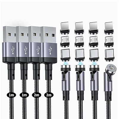 マグネット 充電ケーブル SUNTAIHO 3-in-1 USBマグネット式ケーブル 【4本（1M+1M+2M+2M）】360度+180度回転 磁石 磁気 防塵 着脱式 ライトニグ マイクロUSB Type-C コネクタ 快速充電器 android