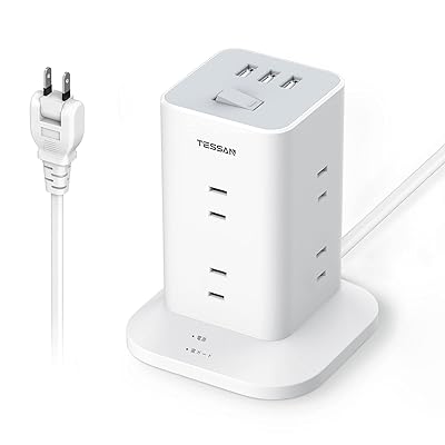 電源タップ タワー mini型 2m 延長コード 8個AC コンセント 3USBポート付き 180°スイングプラグ TESSAN テーブルタップ 蛸足コンセント タコ足配線 マルチ OA 雷ガード 一括スイッチ 省エネ
