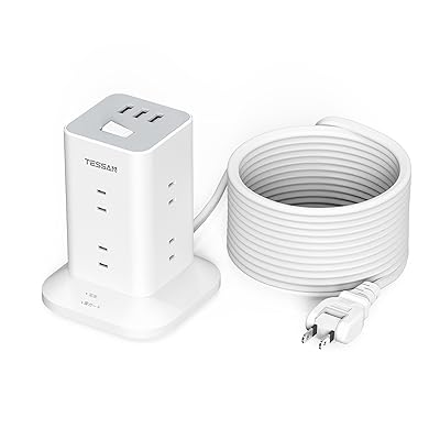 延長コード 10m 電源タップ タワー型 8個AC差込口 3個USBポート TESSAN テーブルタップ 蛸足コンセント 180°スイングプラグ 雷ガード 一括スイッチ 省エネ