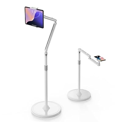 KUUVAN タブレットスタンド アーム 床置き スマホ俯瞰撮影スタンド 伸縮式 寝ながら 4.7-17.3インチ対応 55-135CM高さ調整 耐荷重1.8KG 可動域広 360度回転 3KG土台強化 スマホ/タブレット対応(ホワイト)