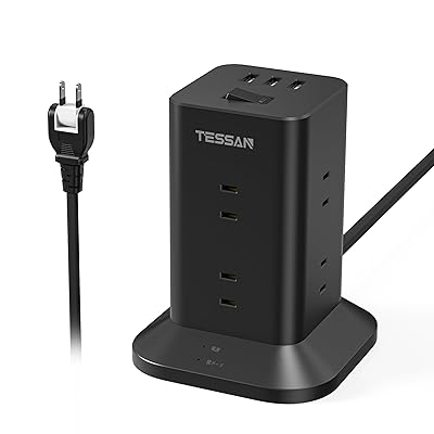 延長コード2m usb 電源タップ タワー TESSAN テーブルタップ タコ足配線 蛸足コンセント 8個AC差込口 3個USBポート 180°スイングプラグ 雷ガード 一括スイッチ ブラック