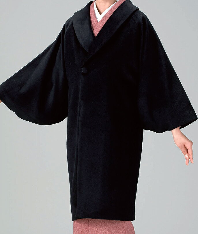 【防寒】和コート、着物コート、カシミヤタッチのアンゴラコート【黒　ブラック】