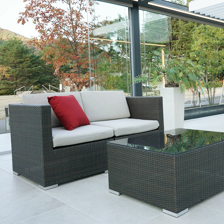 屋外 ガーデンファニチャー おしゃれ 人工ラタン ホテル カフェ グランピング アウトドア テラス バルコニー ブラウン ハノイラタン ダブルソファテーブルセット