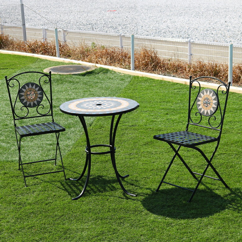 ガーデンテーブル3点セット/モザイクテーブルセット　ガーデンファニチャー　テーブル　チェアー　ガラス　イングリッシュガーデン　タイルテーブル　トゥインクルタイルテーブル　トゥインクルタイルチェアー　tkd1のサムネイル