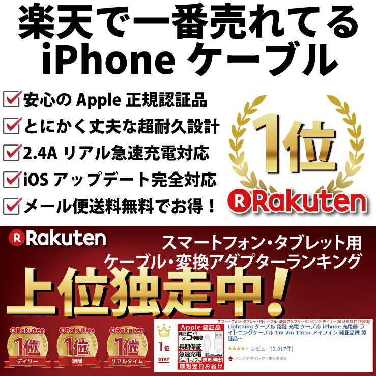 Lightning ケーブル 認証 充電 ケーブル iPhone 充電器 ライトニングケーブル 1m 1.5m 2m 15cm 50cm アイフォン 純正品質 認証品 MFi iPhone X 8 7 6s Plus 5s 5c iPad Air mini 対応 apple認証 アップル 防止 断線 丈夫 細い 短い【メール便専用】長期保証 ポイント消化