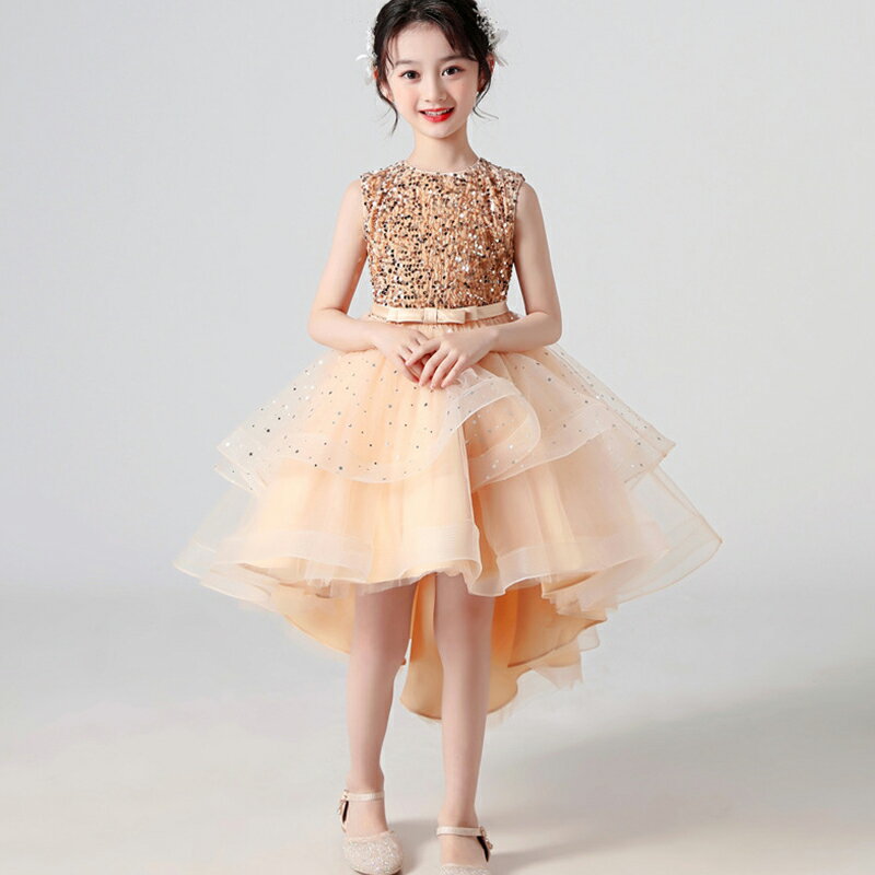 送料無料 子供ドレス 後ろ長い キッズドレス レッド コスチューム 発表会ドレス 子供 スパンコール 演出服 子供用ドレス キラキラ 子どもパーティードレス 結婚式 3