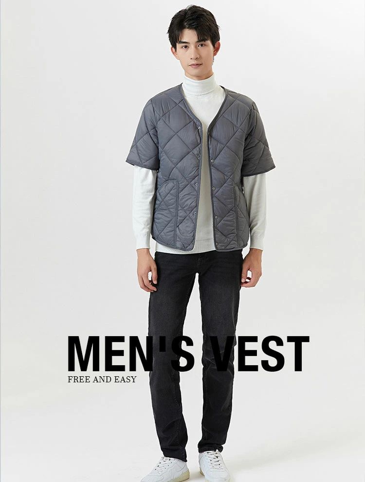 送料無料 半袖ジャケット 中綿ジャケット メンズ ダウンジャケット 裏ボア 裏起毛 軽量 シンプル 無地 ポケット付き Vネック 保温 暖かい あったか インナー カーディガン 仕事 部屋着 重ね着 シニア 年寄り 高齢者 黒