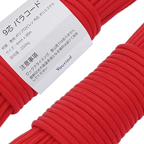 パラコード・002_レッド 4mm_9芯 rope-000・・Size:4mm_9芯Color:002_レッド・パラコードとはパラシュートコードの略称で、パラシュートのキャノピー（傘）と人を繋ぐロープのことです。耐久性が強い上に軽く、乾きやすいという特徴から、魚釣りの糸（中の糸を引き出して使用）、車の牽引、テントロープ、ハンドメイド作品、犬の首輪やリード、ブレスレット、スマホ ストラップ 首掛け、スニーカーの紐など様々な用途に使用されます。・【素材】表地 ポリプロピレン、内芯 ポリエステル。 内芯：5芯、7芯、9芯（1芯は3本の縒り糸を束ねた丈夫な作りになっています）。 約 3mm ~ 4mm（太さ）×30m（長さ）／耐荷重~250kg（静かに力を加えて切れるまでの重さ）本ロープは中に空洞ができないように、表地は若干タイトめに作られております。商品によっては3 ~ 4mmもしくはそれより若干細くなっております。・【色々な利用場所】キャンプ、アウトドア、狩猟、ハイキングおよび様々な野外活動でご利用いただけます。テントやタープのガイロープとして使用する場合は、ご利用しやすい