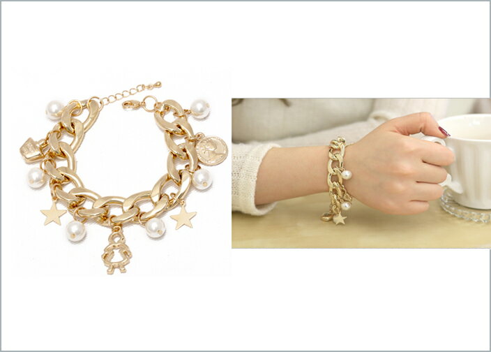 Cubic Zirconia - レディースジュエリーアクセサリー ブレスレット メタルメタルブレスレット チャーム パールチェーン腕輪パールスターブレスレット ゴールド