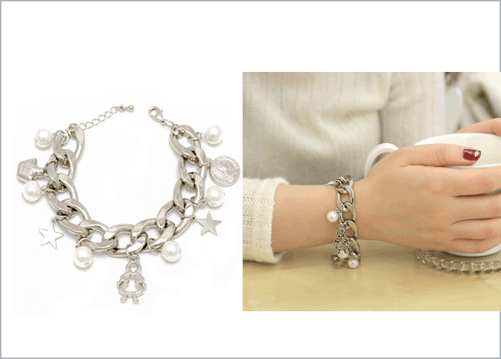 Cubic Zirconia - ブレスレット バングル レディースアクセサリー ブレスレット メタルメタルブレスレット チャーム パールチェーン 腕輪 パールスターブレスレットシルバー　Rhodium　P