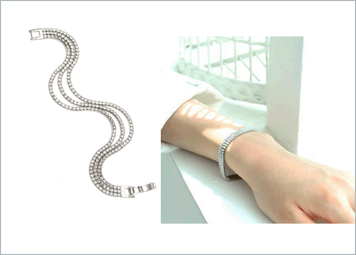 Cubic Zirconia - ブレスレット バングル レディースジュエリーアクセサリー メタルブレスレット チャーム ラインストーンチェーン 腕輪 三連ラインストーンブレレスレットシルバー
