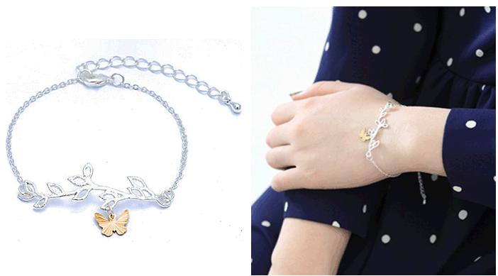 苏联钻 - ブレスレット バングル レディスジュエリーアクセサリー 腕輪 チャーム パワーストー リーフ＆バタフライブレスレットシルバー