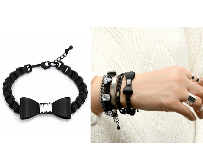 Cubic Zirconia - ブレスレット/バングル/レディースアクセサリー/メタルブレスレット/腕輪/チェーンブレスレット/ブラックリボンメタルチェーンブレスレット