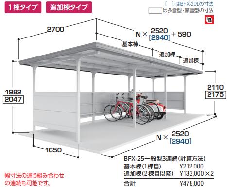 【イナバ自転車置場】BFXタイプBFX-25■一般型●基本棟（1棟型）