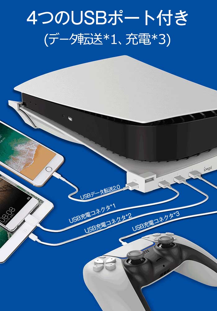 ハピネスストアのシリーズ5 横置きスタンド 4ポートUSB充電ボート搭載 高速充電＆データ転送 放熱改善 簡単取付 ディスク版／デジタル版両対応 5代ベーススタンド 省スペース 安定設置 ゲームアクセサリー｜アングル3