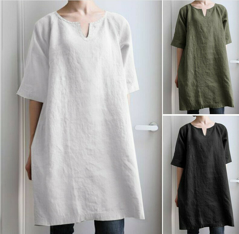 【一部即納】チュニック レディース コットンリネン トップス 半袖 ロングTシャツ ロング丈 カットソー ワンピース 体型カバー ゆったり 大きいサイズ 無地 ナチュラル 大人 30代 40代 50代 黒 白 グリーン