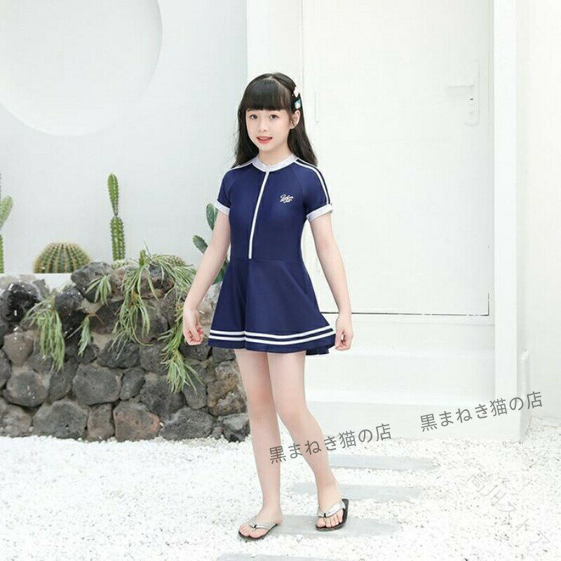ハピネスストアのスクール水着 キッズ 女の子 子供 半袖 女児 女子 ワンピース Aライン 学校 スイムウェア 小学生 中学生 海水浴 UV対策 日焼け 130 子供用 水泳服 水着 女の子用 ジュニア スイミング 競泳｜アングル3