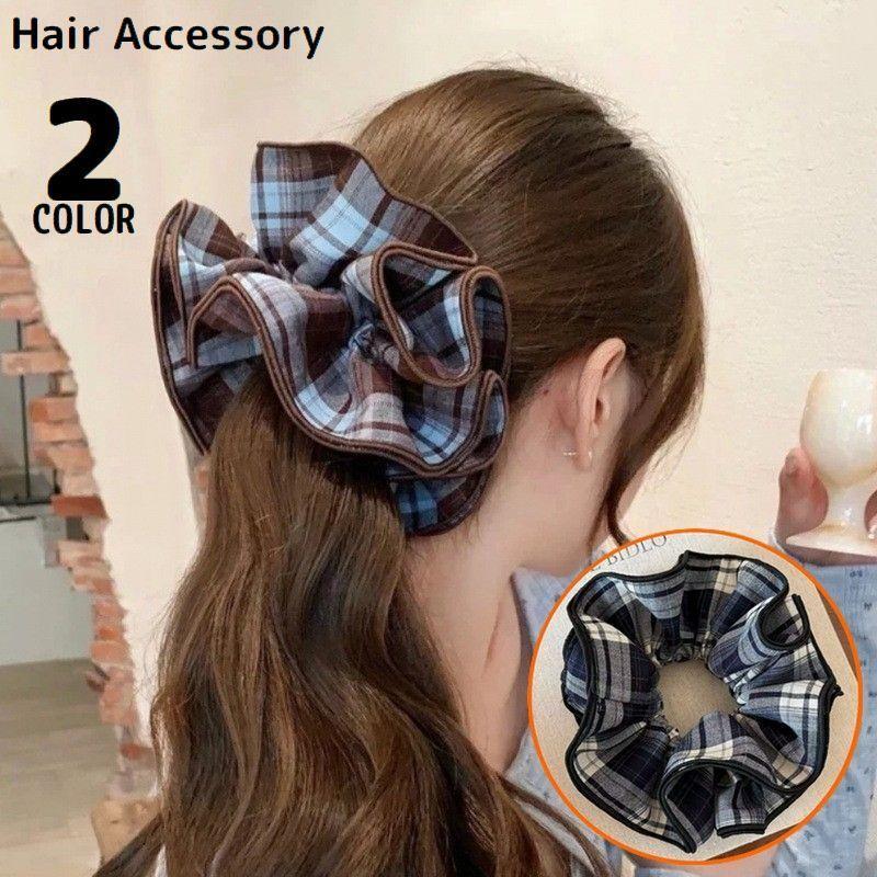 シュシュ ヘアゴム レディース ヘアアクセサリー 布製 4層 チェック柄 フリル 大きめ 髪飾り 髪留め ヘアアレンジ まとめ髪