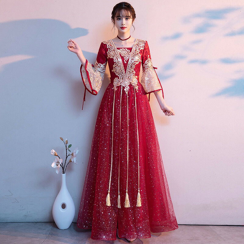 送料無料 結婚式ドレス 二次会ドレス ワインレッド ゲストドレス 大きいサイズ マタニティー ロングドレス ゴールド スピーカー袖 刺繍 リボン 可愛い Aライン ミモレ丈ドレス 金色 2タ