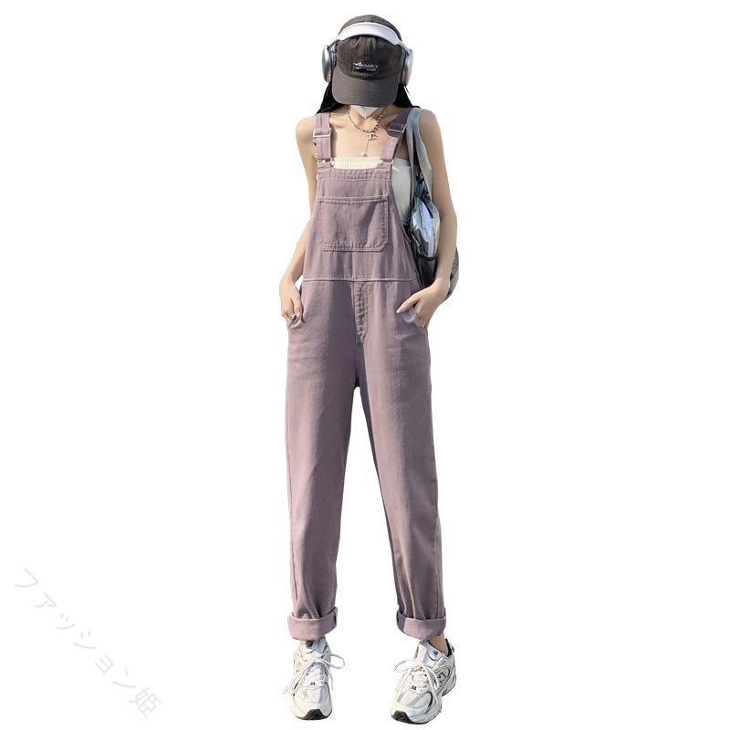 デニム レディース サロペット オーバーオール ハイウエスト ストレート ワイドシルエット ゆったり オールインワン 薄手 軽量 細見え 綿 春夏 ダークパープル おしゃれ 体型カバー 美