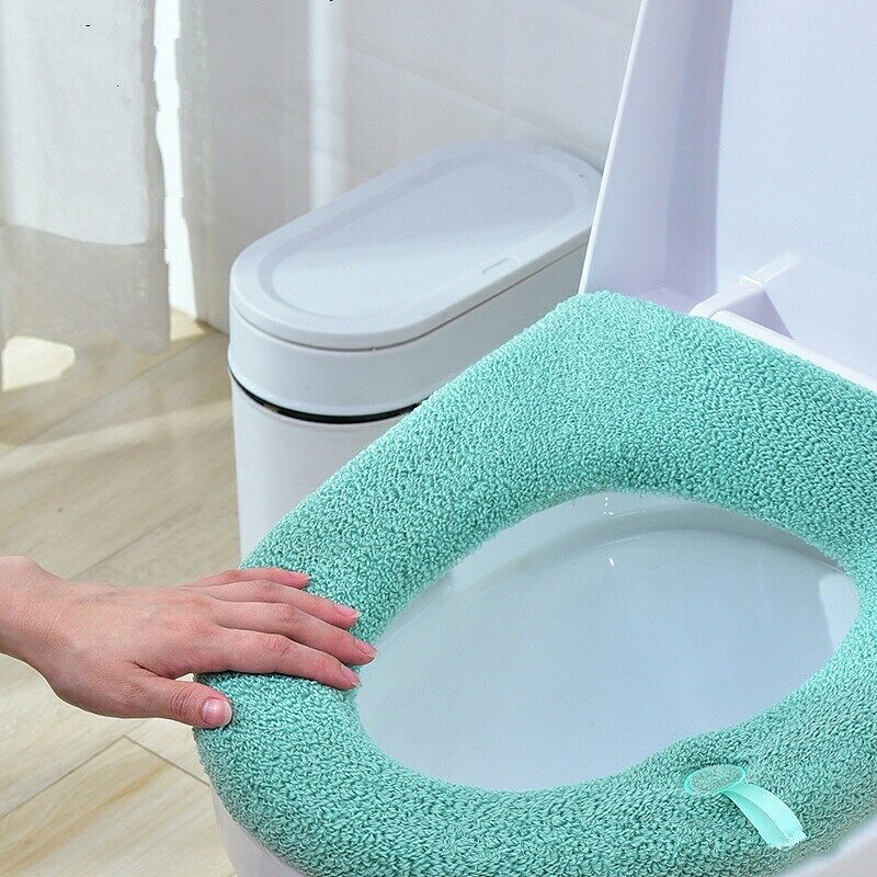 ハピネスストアの便座カバー トイレカバー O型 丸洗い 洗える 取っ手付き 無地 単色 装着簡単 伸縮性 ふわふわ もこもこ あったか 繰り返し おしゃれ 可愛い トイレ用品 青 緑 グレー カーキ 紫 ピンク｜アングル2