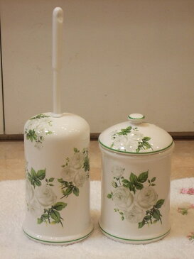 トイレブラシ おしゃれ 薔薇陶器のトイレブラシスタンド・ポットセット:ホワイトローズ トイレブラシホルダー 陶器 トイレ お掃除 トイレ用品