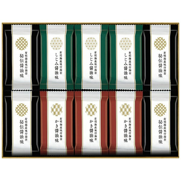 ●商品名/ゆかり屋本舗 有明産 有明海産 味付海苔 3種 詰め合わせ SKH-50●商品内容/味付海苔(しじみ醤油味：8切4枚)・味付海苔(かき醤油味：8切4枚)×各9、味付海苔(秘伝醤油味：8切4枚)×12●箱サイズ/約42×5×30.7cm●重量/約349g●賞味期限/製造日より常温約540日●アレルゲン/小麦・えび・大豆●生産国/日本しじみとかきの旨みたっぷりの味付海苔と海苔屋秘伝の醤油だれで仕上げた3つの味わいを楽しめる詰合わせです。※メーカー都合により、デザイン・内容等が変更になる場合がございます。