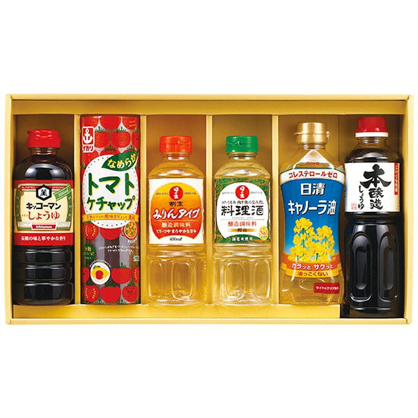 ●商品名/キッコーマン＆調味料バラエティセット KSM-40A●商品内容/日清キャノーラ油350g・キッコーマンこいくちしょうゆ・サンビシ本醸造しょうゆ各500ml・イカリなめらかトマトケチャップ280g・日の出料理酒・日の出割烹みりんタイプ各400ml×各1●箱サイズ/約45.3×7.5×25.5cm●重量/約3238g●賞味期限/製造日より常温約540日●アレルゲン/小麦・大豆●生産国/日本お料理で出番の多い調味料を詰め合わせた便利なギフトセットです。※メーカー都合により、デザイン・内容等が変更になる場合がございます。