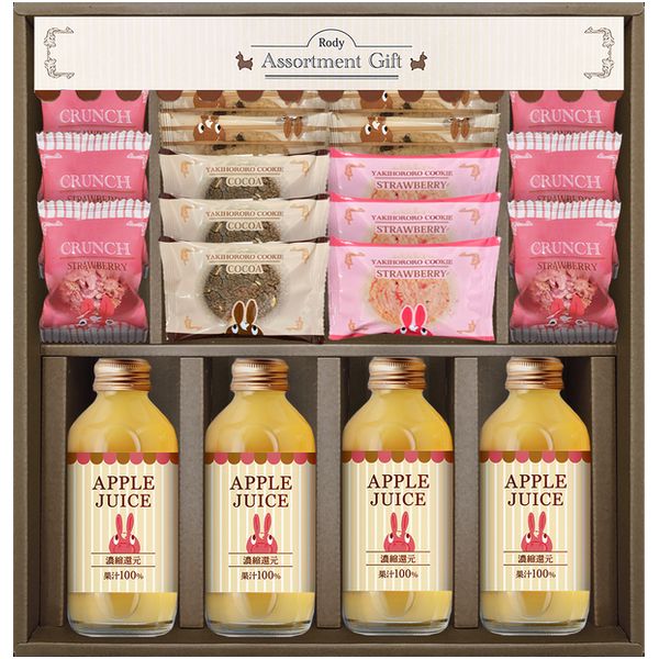 ●商品名/ロディ ジュース & クッキー ギフトセット ROZ-302●商品内容/アップルジュース180ml×4、焼きほろろクッキー(ココア×3、ストロベリー×3)、チョコクランチ(ストロベリー)×6、ナッツとチョコのざっくりクッキー×4●箱サイズ/約32.5×30.5×6.5cm●重量/約1920g●生産国/日本●賞味期限/製造より常温180日●アレルゲン/卵・乳・小麦(大豆・りんご・アーモンド)国産りんごを使用した、濃縮還元果汁100%のほどよい酸味でスッキリとした味わいのりんごジュースに、ほろほろと口どけの良いココアクッキー・イチゴクッキーや、マカダミアナッツとぺカンナッツ、チョコチップをたっぷり入れて、ざっくりとした食感に焼き上げたざっくりクッキーなどを詰合せました。※メーカー都合により、デザイン・内容等が変更になる場合がございます。