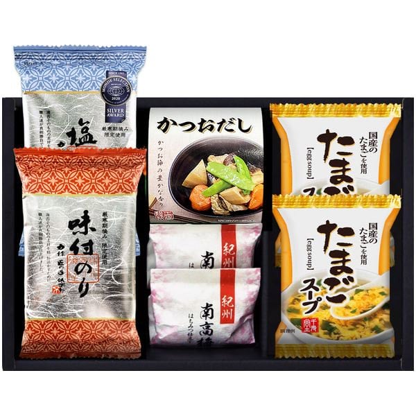 ●商品名/海苔食べくらべ バラエティセット YU-202 (20)●商品内容/味付のり(8切6枚)、有明海産塩のり(8切6枚)、シーラックかつおだし(4g×3)、紀州南高梅×2、たまごスープ(6.4g)×2●箱サイズ/約15.2×22×7.7cm●重量/270g●賞味期限/製造日より360日●生産国/日本●アレルゲン/乳・小麦・卵・えび(大豆・豚肉・りんご・鶏肉・ゼラチン・ごま)※メーカー都合により、デザイン・内容等が変更になる場合がございます。