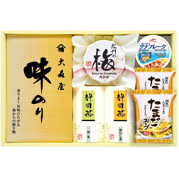●商品名/香味彩々 大森屋 味付のり 惣菜 詰め合わせ ギフトセット NK-353●商品内容/大森屋味のり(8切8枚×2)、静岡煎茶40g、静岡深蒸し茶40g、紀州南高梅80g(塩分約8%)、たまごスープ6.4g×2、マルハニチロ 油そのままライトツナリセッタ70g●箱サイズ/約25×37.5×5cm●重量/約615g●生産国/日本●賞味期限/製造より常温360日●アレルゲン/卵・小麦・えび(大豆・鶏肉・ゼラチン・ごま・りんご)大森屋秘伝のピリ辛の味付けが食欲をそそる味付のり、本場紀州産南高梅の果肉たっぷりの最高グレードを使い、塩分を従来よりカットしはちみつを加えた甘口で食べやすい梅干し、フリーズドライのたまごスープの詰め合わせギフトです。※メーカー都合により、デザイン・内容等が変更になる場合がございます。