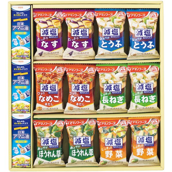 ※2025年11月28日頃より順次発送いたします。(11月28日以前にご注文いただいた場合も28日からの発送となります。)※他の一般商品とは同梱(まとめて発送)出来ません。※メーカー直送お届け商品のため、当店ののし・包装紙・メッセージカード等のサービスはご利用いただけません。※お歳暮専用商品のためその他用途でのご利用はおすすめいたしません。※包装形態は基本「簡易包装」となり、商品(冷蔵・冷凍品など)により「包装無し」でのお届けとなります。また、のしをご利用いただけない場合もございます。予めご了承下さい。●商品名/日清オイリオ アマノフーズ アマニ油とおみそ汁のここから始まる健康習慣ギフトセット MCNA-50A●商品内容/日清アマニ油50g×3、減塩いつものおみそ汁(なす・とうふ・ほうれん草・野菜・なめこ(赤だし)・長ねぎ)×各4(フリーズドライ・計24食)：2段重ね●箱サイズ/約35.6×39.7×5.7cm●重量/約1.3kg●賞味期限/常温保存240日●アレルゲン/乳成分・小麦・さば・大豆・鶏肉・豚肉・ゼラチン・魚介類毎日のお味噌汁に「オメガ3」が豊富なアマニ油を小さじ一杯分かけるだけ。大切な人の健やかな日常を想う、おいしくはじめる健康習慣ギフトです。※メーカー都合により、デザイン・内容等が変更になる場合がございます。