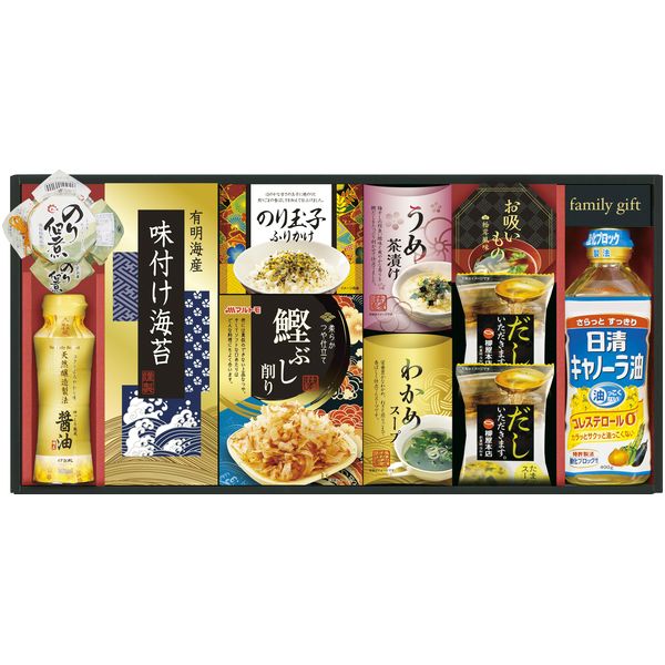 Rakuten - 調味料 母の日 ギフト 日清オイリオ 食用油 サラダ油 キャノーラ油 しょうゆ 醤油 味付け海苔 味海苔 セット 詰め合わせ 食品 内祝い お返し 出産内祝い 結婚内祝い 結婚祝い 出産祝い 香典返し 快気祝い お祝い返し 引越し 挨拶 お礼 プレゼント 送料無料 NSO-50A