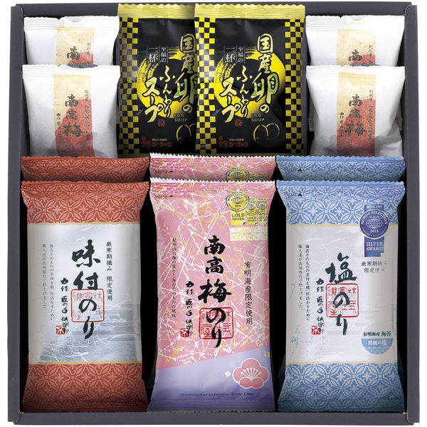 ●商品名/モンドセレクション 金賞銀賞 海苔セット MDS-CJ3●商品内容/金賞 有明海産南高梅のり(8切6枚)・銀賞 有明海産塩のり(8切6枚)・味付のり(8切6枚)・たまごスープ(フリーズドライ)×各2、南高梅個包装×4●アレルゲン/卵・乳成分・小麦・えび・かに●賞味期限/製造より365日●箱サイズ/約26.6×25.9×5cm●重量/320g最高の食べ比べ海苔と共にお楽しみください。 北海道産さばの味噌煮 北海道産いわしの旨煮 北海道産さんまの味噌煮 紀州和歌山県産南高梅 近畿大学 農学部 共同開発商品 金賞健康米 「おいしさ」と「栄養」のいいとこどりを実現 毎日食べるごはんだからこそ、今までどおりのライフスタイルを変えることなくカンタンに健康応援します。 モンドセレクション金賞・銀賞を受賞した海苔の食べ比べセット※メーカー都合により、デザイン・内容等が変更になる場合がございます。メーカー希望小売価格はメーカーカタログに基づいて掲載しています