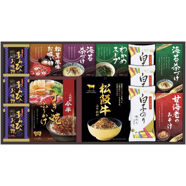 ●商品名/人形町今半・松阪牛と贅沢フリーズドライ詰合せ SY-70●商品内容/人形町今半すき焼きふりかけ30g・松阪牛ふりかけ30g・甘海老みそ汁(7.5g×2袋)・丸美屋のり茶漬け(6g×4袋)・丸美屋のり茶漬け(6g×2袋)・永谷園松茸風味お吸い物(2.3g×2袋)・わかめスープ(3.5g×3袋)×各1、あわび入お吸い物・白子のり味のり(8切5枚)×各3●アレルゲン/卵・乳成分・小麦・えび●賞味期限/製造より300日●箱サイズ/約29.2×53.4×4.2cm●重量/1090g人形町今半の「すき焼きふりかけ」、松阪牛パウダーを使った「すき焼き風松阪牛ふりかけ」に高級素材使用のフリーズドライやお吸い物等をギッシリ詰め合わせました。※メーカー都合により、デザイン・内容等が変更になる場合がございます。メーカー希望小売価格はメーカーカタログに基づいて掲載しています
