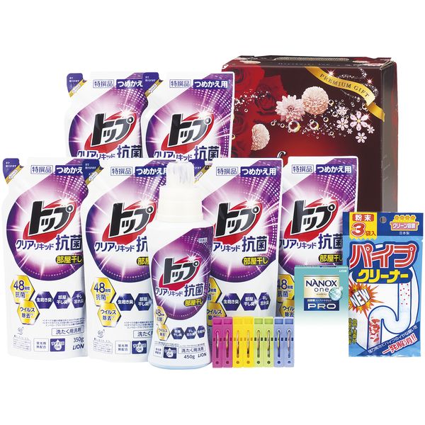 ●商品名/クリーニア 部屋干し応援隊ギフトBOX CLN-T70J●商品内容/トップクリアリキッド抗菌(本体420g×1、詰替330g×6)・NANOX one PRO(10g×2袋)・カラフルピンチ8P・パイプクリーナー(3袋入)●箱サイズ/約26.3×21.5×14cm雨の日や花粉の季節など、室内で洗濯物を干す機会は意外と多いもの。でも生乾きのニオイが気になる…。そんな悩みに応えてくれる洗剤ギフトをご用意しました。※メーカー都合により、デザイン・内容等が変更になる場合がございます。メーカー希望小売価格はメーカーカタログに基づいて掲載しています