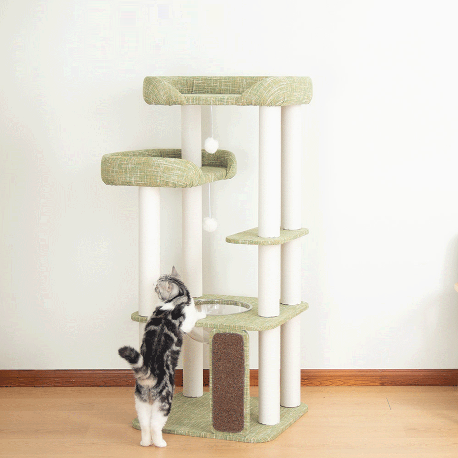 【SS限定クーポン3000円OFF⇒12980円】 クッション入りベッド キャットタワー 据え置き 多頭飼い おしゃれ インテリア性 高齢猫 短足猫 シニア猫 大型猫 冬用 麻生地 ふわふわ 重厚感 安定感 省スペース 展望台 シンプル 運動不足解消 見晴台 スリム 爪とぎポール コットン紐 2