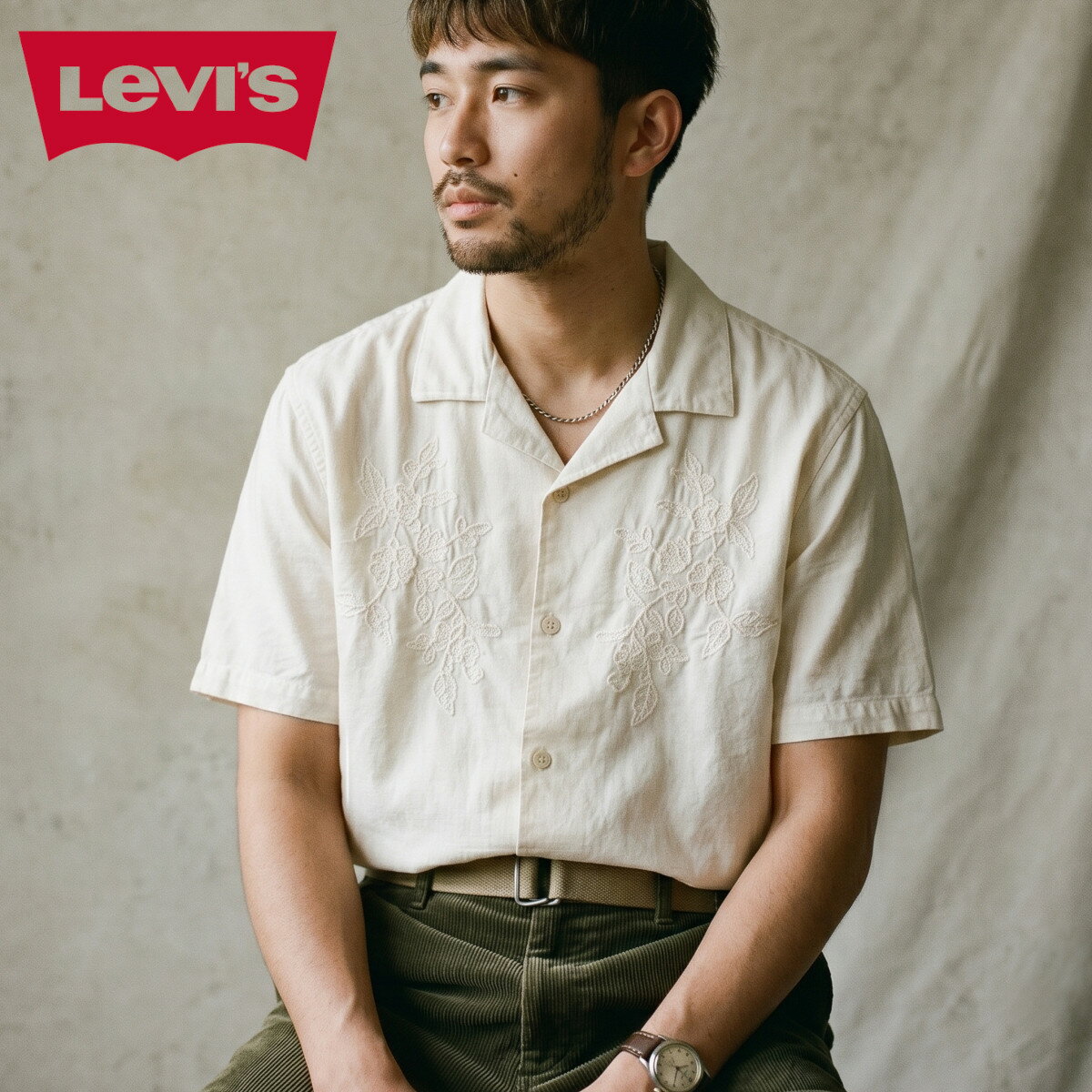 LEVI'S リーバイス オープンカラーシャツ SUNSET NO PKT CAMP OATMEL オートミール 生成り オフホワイト 半袖 開襟 リネン混 コットン ≪正規販売代理店≫
