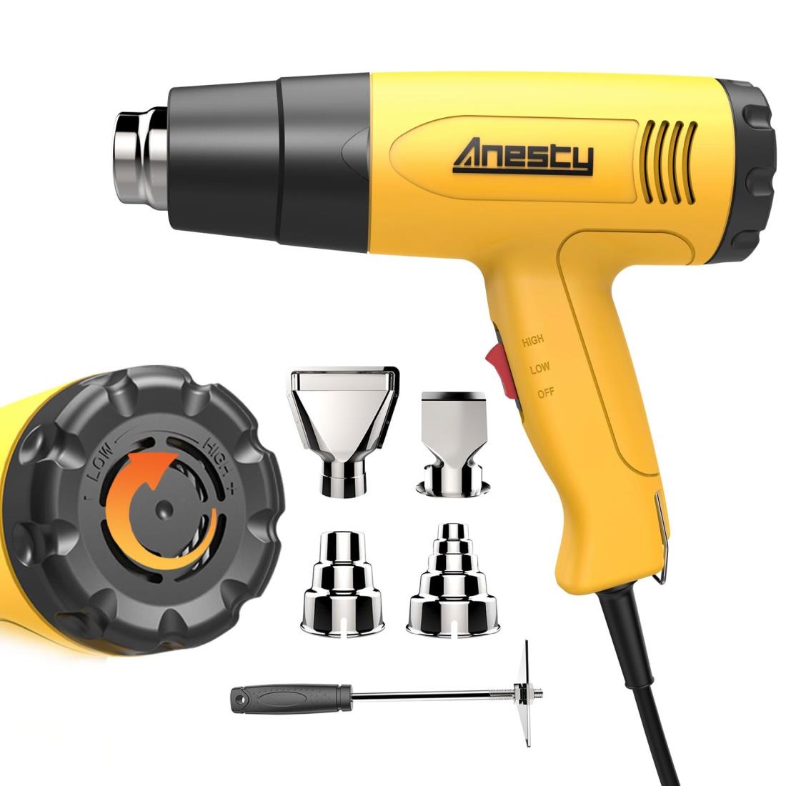 Anesty Multi-Purpose Heat Gun Combines Stepless Temperature and 2 Modes Hot Air Product Specifications: Temperature: 122 - 140°F (50 - 600°C) (HIGH) 122 - 104°F (50 - 400°C) (LOW) Air Flow: 10.9 gal/min (400 L/min) (strong wind) 65.6 gal/min (250 L/min) (weak wind) Power Supply: 100 V AC 50/60 Hz Maximum power consumption: 1,500 W. Cord Length: Approx. 4.9 ft (1.5 m) Product Weight: Approx. 1.7 lbs (0.75 kg). Product Size: Approx. 9.6 x 7.3 x 2.6 inches (24.5 x 18.5 x 6.5 [Use columns] For car maintenance For repairing smartphones. For PVC work. For stripping work. For heat treatment processing. For drying.