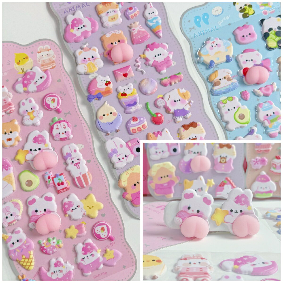 おしりぷにぷにシール かわいい ぷくぷく キャラクター 3D マシュマロ ふわふわ もちもち もっちりスクイーズ ステッカー シール帳 デコレーション 携帯電話飾り用 手帳用 日記帳用 手芸用品 ストレス解消おもちゃ3D 立体 DIY用 手帳用 女の子 happy-world1-10003749 ハッピーワールド サンプル画像2