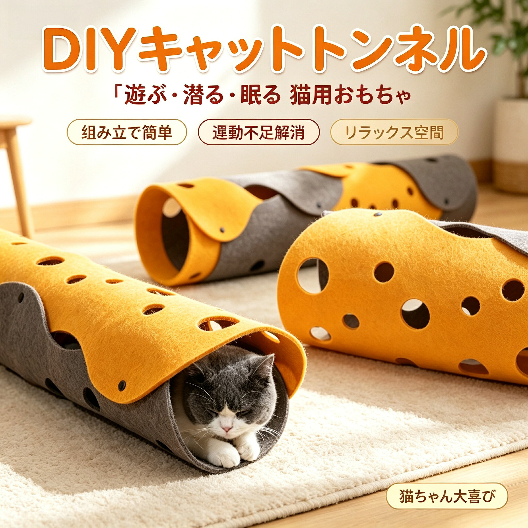 この商品についてて 【遊びながら運動不足をしっかり解消】 トンネル構造で猫の本能を刺激し、くぐる・追いかける・隠れる動きを自然に促進。室内飼いでもしっかり運動でき、肥満やストレス対策に役立ちます。 【持ち運びと収納便利】弊社の猫用トンネルは組み立て簡単。自宅、アウトドア、旅行などに適用です。折りたたみ式で、使わないときにコンパクトに収納に簡単。超軽量で、持ち運び便利。 【自由自在に形を変えられる多機能設計】 トンネル・マット・ハウスとして使える3WAY仕様。複数組み合わせれば遊び方も無限に広がり、飽きずに長く楽しめます。 【厚手フェルト素材で丈夫＆安全】 約4〜5mmの高品質フェルトを使用し、柔らかさと耐久性を両立。爪が引っかかりにくく、猫にも安心して使える設計です。 【簡単組み立て＆お手入れもラク】 ネジで固定するだけのシンプル構造で誰でも簡単に組み立て可能。分解もできるため掃除や毛の除去もスムーズに行え、清潔を保てます。 【注意事項】 ※画像はご覧になっているモニターやPCなどの環境により、実物と多少カラーが異なる場合がございます。 ※ページに記載の通りですが、製造時期や改良などによって仕様が若干異なる場合がございますので何卒ご了承下さい。 ※基本的には全国一律送料無料と対応させていただきますが、ご送付先は沖縄 北海道など離島の場合は2500円の送料をご請求させていただきます、ご注文後追加送料があります。 ※色味やサイズが異なるなどのクレームはご対応致しかねますので、ご了承ください。 ※商品のサイズは採寸方法によって、若干な誤差が生じる場合はあります。ご了承ください。 ※こちらの対応と商品について何かご不満がありましたら、「レビュー」を付ける前に一度ショップとご連絡してお願いいたします、ショップの誠意を持って最後まで対応させていただきます。 【品質保証】 ◎※販売している商品は全て新品未使用です、倉庫から出荷前に商品検査必要ですので、商品箱を開封する場合もございます、予めご了承くださいいませ。 ◎※初期不良の場合は到着後3営業日以内にご連絡ください。 ◎※初期不良の場合は写真やビデオをご提供下さい、確認後無料で新品交換もしくは御返金致しますのでご連絡下さい。