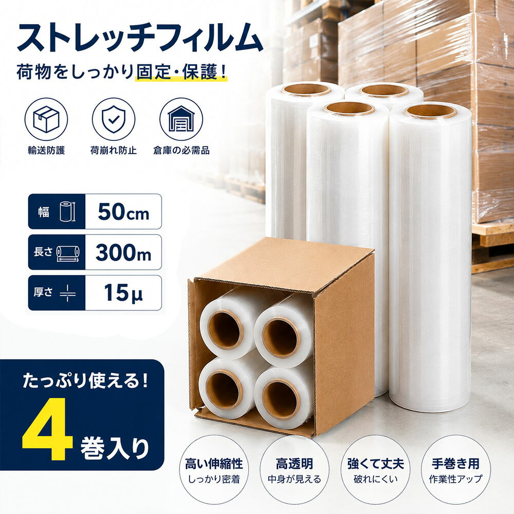 この商品についてて 荷物の梱包、もっとラクに・しっかりと！ 引越し・荷物の整理・倉庫作業・パレット梱包など、**「荷物をまとめたい」「運搬中の荷崩れを防ぎたい」**そんな時に便利なストレッチフィルムです 伸縮性のあるフィルムでしっかり固定 伸びやすく、荷物の形にフィットしながらしっかり密着。 段ボール・家具・資材などをまとめて固定し、運搬時の荷崩れ対策に役立ちます 幅50cm×長さ300mの大容量 幅広タイプなので、荷物を効率よく包みやすく、大きめの荷物やパレットの梱包にも便利。 たっぷり使える300m巻で、引越しや業務用としてもおすすめです 透明タイプで中身を確認しやすい 透明フィルムなので、梱包した後も中身を確認しやすく、荷物の管理にも便利。 必要な部分だけをサッと包んで使えます たっぷり使える4巻セット 4巻セットだから、引越しや大量の荷物の梱包にも対応。 ご家庭での整理・収納から、倉庫・店舗・業務用まで幅広く活躍します！ 【注意事項】 ※画像はご覧になっているモニターやPCなどの環境により、実物と多少カラーが異なる場合がございます。 ※ページに記載の通りですが、製造時期や改良などによって仕様が若干異なる場合がございますので何卒ご了承下さい。 ※基本的には全国一律送料無料と対応させていただきますが、ご送付先は沖縄 北海道など離島の場合は2500円の送料をご請求させていただきます、ご注文後追加送料があります。 ※色味やサイズが異なるなどのクレームはご対応致しかねますので、ご了承ください。 ※商品のサイズは採寸方法によって、若干な誤差が生じる場合はあります。ご了承ください。 ※こちらの対応と商品について何かご不満がありましたら、「レビュー」を付ける前に一度ショップとご連絡してお願いいたします、ショップの誠意を持って最後まで対応させていただきます。 【品質保証】 ◎※販売している商品は全て新品未使用です、倉庫から出荷前に商品検査必要ですので、商品箱を開封する場合もございます、予めご了承くださいいませ。 ◎※初期不良の場合は到着後3営業日以内にご連絡ください。 ◎※初期不良の場合は写真やビデオをご提供下さい、確認後無料で新品交換もしくは御返金致しますのでご連絡下さい。