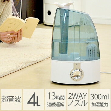 〈1年保証〉加湿器 シリーズ累計13.6万台販売！ 4L 連続使用8時間 卓上 オフィス おしゃれ 除菌 機能付 超音波加湿器 小型 エコ 4リットル タンク 大容量 超音波 インテリア うるおい 除菌タイム クリーニングキット 床置き[送料無料][あす楽]