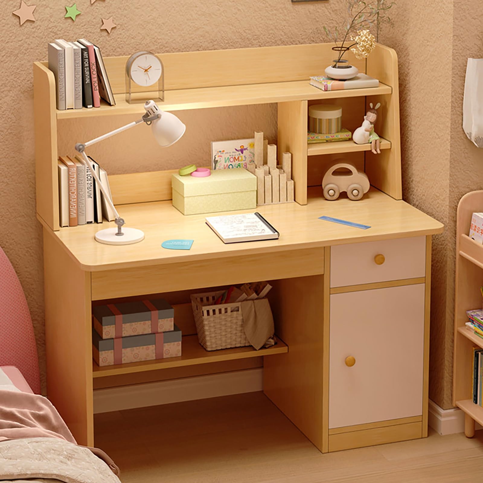 学習机 勉強机 幅80cm 学習デスク 収納付き 引き出し&上棚 パソコンデスク ワークデスク 木製 シンプルデザイン 子供用デスク 勉強デスク 子供部屋用 家庭用 作業デスク 家庭用学生デスク本棚の組み合わせ 文房具収納 多機能 家庭用 多機能 組み立て簡単(ブルー)