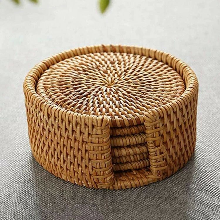 断熱パッド 茶パッド 滑り止め 収納ケース付き 防水 茶托 6枚セット 13cm 10cm 直径8cm 丸型 藤編みコ..