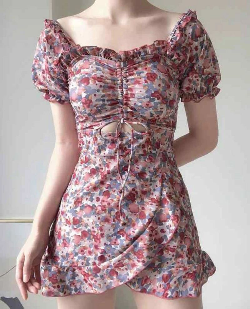 ワンピース 水着 レディース かわいい 夏 プール ビーチ ガーリー カジュアル 半袖 スカート ハイウエスト